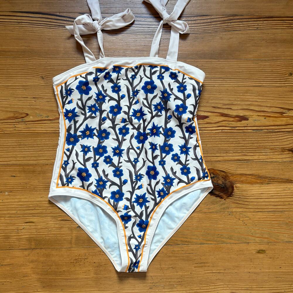 Shein ivory blue Amalfi floral tie strap‎ one piece swimsuit SIZE XL